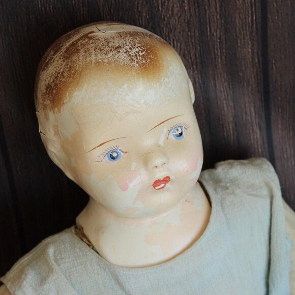 Vintage 1920s 1930s Creepy Doll, Life Size Cloth Body, Composition Head Hands - Picture 2 of 10
